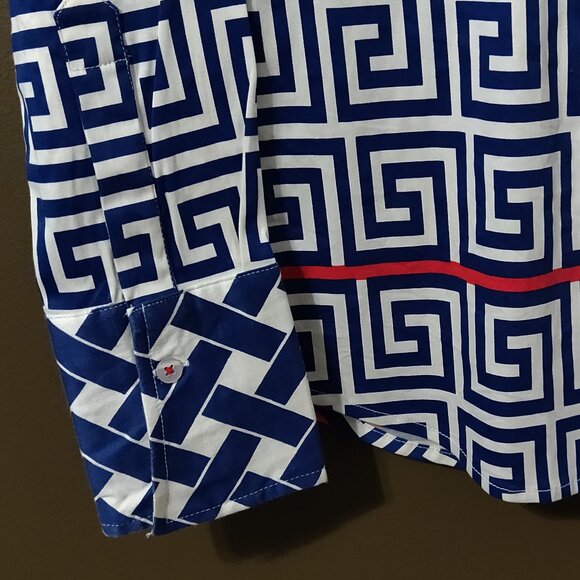 Tizzie Red/White/Blue Geometric Button Down With Contrasting Cuffs SIZE XS - Picture 2 of 4